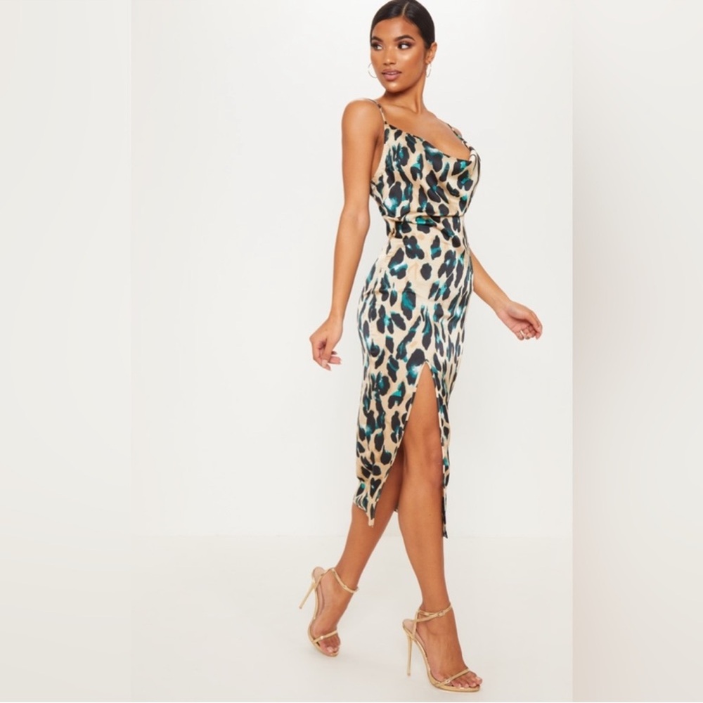 PrettyLittleThing Teal, Black & Beige Leopard Print Cowl Midi Dress:US 6 (UK 10)